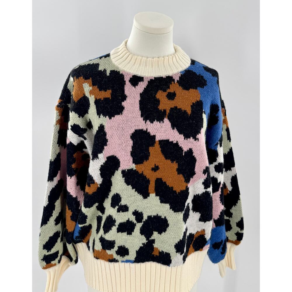 Farm Rio Leopard Sweater Wool Blend Colorful Knit Animal Print XS Small